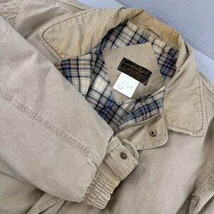 Eddie‎ Bauer Mens XXL Tall Goose Down Bomber Jacket Tan Cotton Plaid Lining Vtg